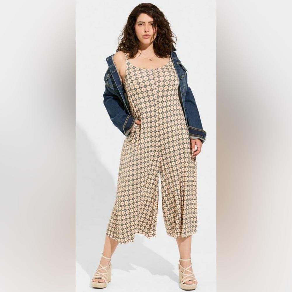 Torrid Cream and Brown Floral Jumpsuit